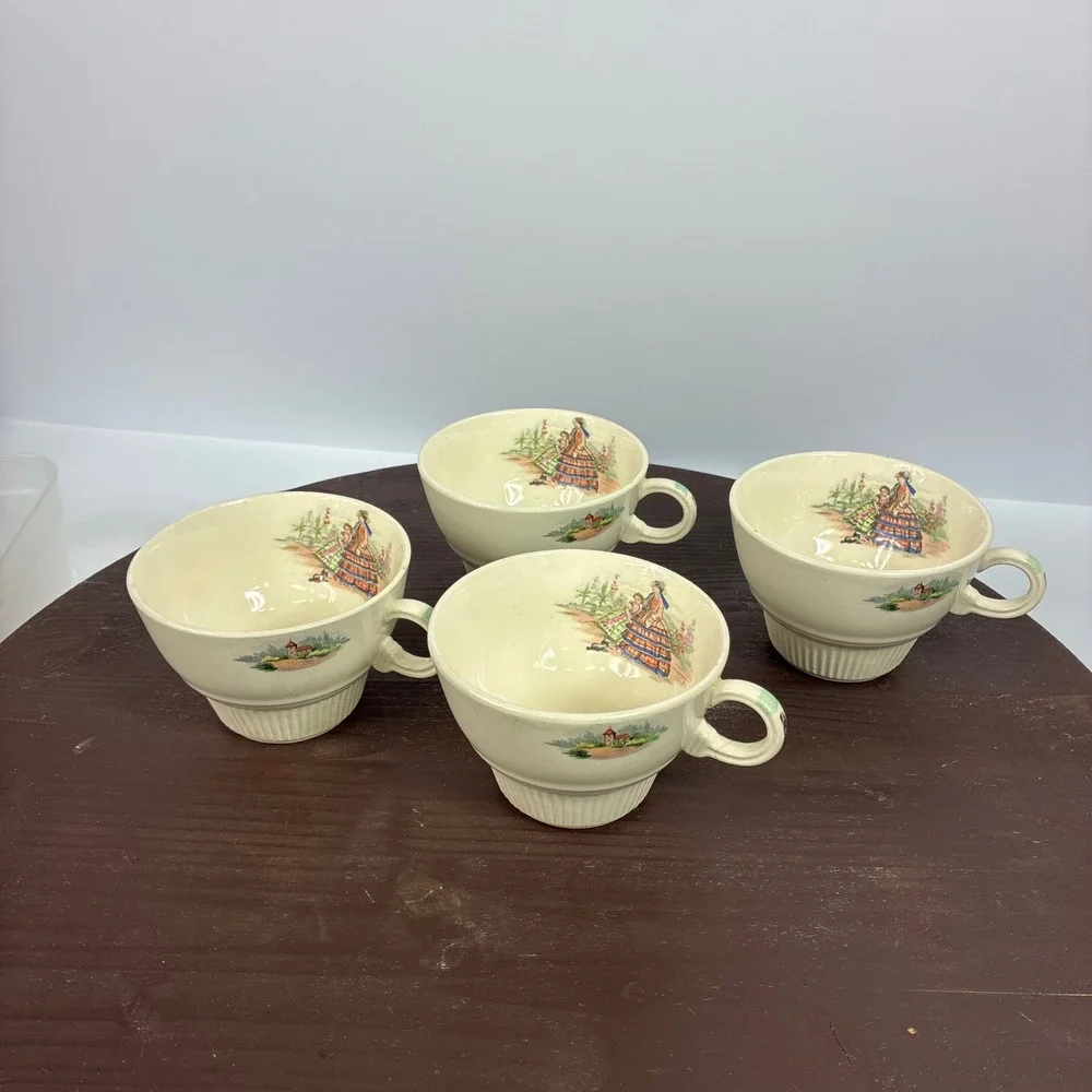 Vintage Salem China Godey Prints Demitasse Teacups Victory Ribbed Shape Set of 4